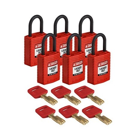 Kłódka BRADY, SafeKey, czerwona, ze stalowym kabłąkiem 38mm, różne klucze