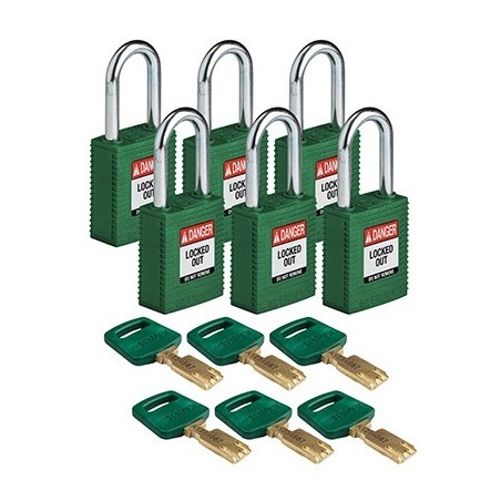 Kłódka BRADY, SafeKey, czerwona, ze stalowym kabłąkiem 38mm, różne klucze