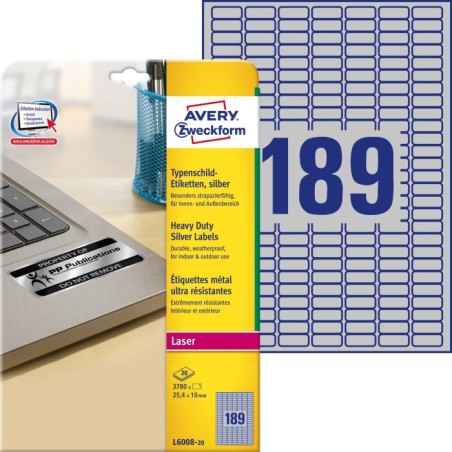 Etykiety znamionowe srebrne Avery Zweckform, A4, 20 ark./op., 25,4 x 10 mm, poliestrowe