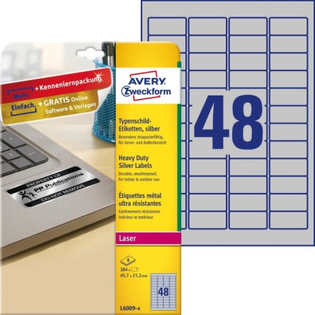 Etykiety znamionowe srebrne Avery Zweckform, A4, 8 ark./op., 45,7 x 21,2 mm, poliestrowe