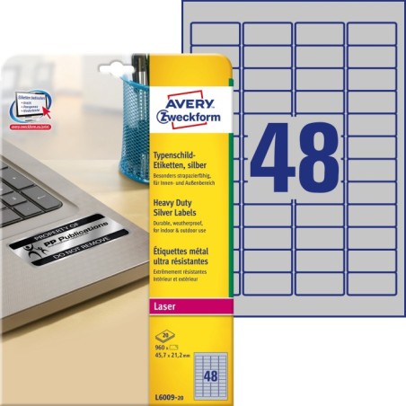 Etykiety znamionowe srebrne Avery Zweckform, A4, 20 ark./op., 45,7 x 21,2 mm, poliestrowe