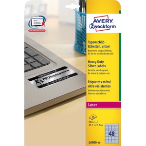 Etykiety znamionowe srebrne Avery Zweckform, A4, 20 ark./op., 45,7 x 21,2 mm, poliestrowe