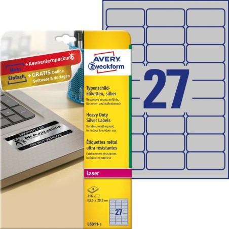 Etykiety znamionowe srebrne Avery Zweckform, A4, 8 ark./op., 63,5 x 29,6 mm, poliestrowe