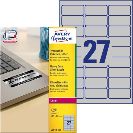 Etykiety znamionowe srebrne Avery Zweckform, A4, 100 ark./op., 63,5 x 29,6 mm, poliestrowe