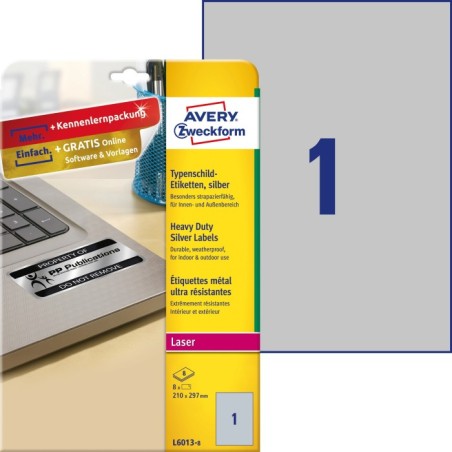 Etykiety znamionowe srebrne Avery Zweckform, A4, 8 ark./op., 210 x 297 mm, poliestrowe
