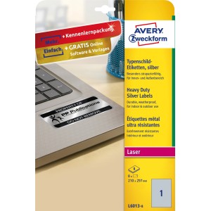 Etykiety znamionowe srebrne Avery Zweckform, A4, 8 ark./op., 210 x 297 mm, poliestrowe