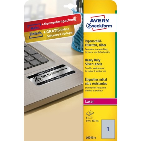 Etykiety znamionowe srebrne Avery Zweckform, A4, 8 ark./op., 210 x 297 mm, poliestrowe