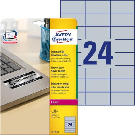 Etykiety znamionowe srebrne Avery Zweckform, A4, 20 ark./op., 70 x 37 mm, poliestrowe