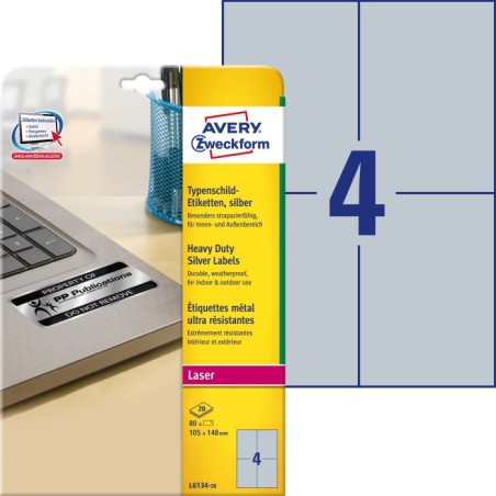 Etykiety znamionowe srebrne Avery Zweckform, A4, 20 ark./op., 105 x 148 mm, poliestrowe