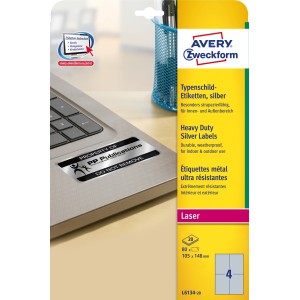Etykiety znamionowe srebrne Avery Zweckform, A4, 20 ark./op., 105 x 148 mm, poliestrowe