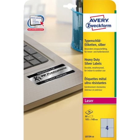 Etykiety znamionowe srebrne Avery Zweckform, A4, 20 ark./op., 105 x 148 mm, poliestrowe