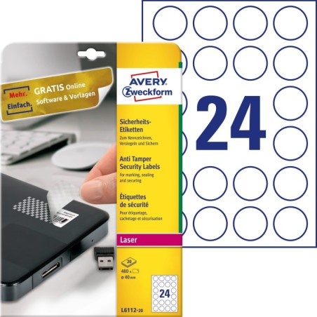 Etykiety zabezpieczające - plomby Avery Zweckform, A4, 20 ark./op., Ø40 mm, białe, poliestrowe