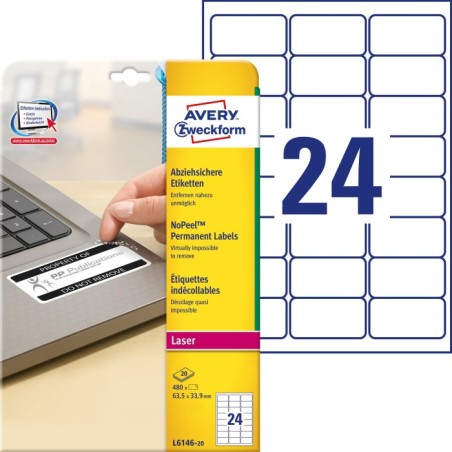 Etykiety NoPeel™ Avery Zweckform, A4, 20 ark./op., 63,5 x 33,9 mm, białe