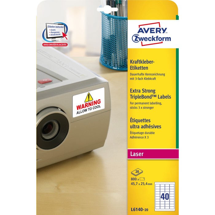 Etykiety TripleBond™ Avery Zweckform, A4, 20 ark./op., 45,7 x 25,4 mm, białe