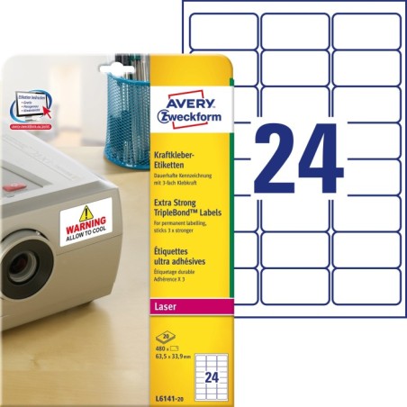 Etykiety TripleBond™ Avery Zweckform, A4, 20 ark./op., 63,5 x 33,9 mm, białe