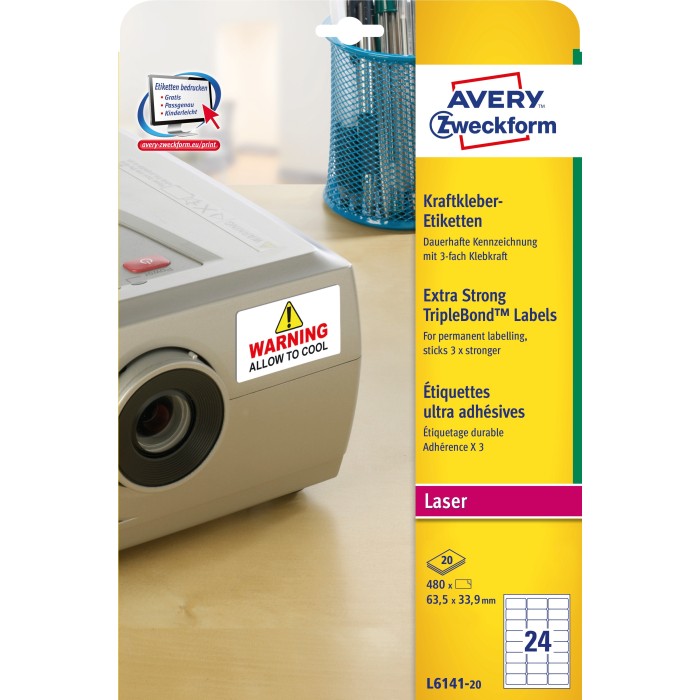 Etykiety TripleBond™ Avery Zweckform, A4, 20 ark./op., 63,5 x 33,9 mm, białe