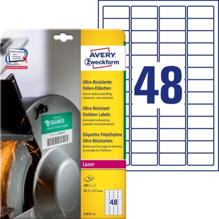 Etykiety polietylenowe ultra resistant Avery Zweckform, A4, 10 ark./op., 45,7 x 21,2mm, białe