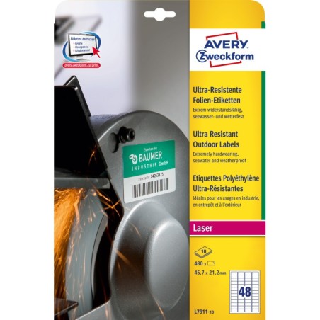 Etykiety polietylenowe ultra resistant Avery Zweckform, A4, 10 ark./op., 45,7 x 21,2mm, białe