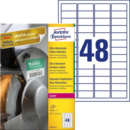 Etykiety polietylenowe ultra resistant Avery Zweckform, A4, 40 ark./op., 45,7 x 21,2mm, białe