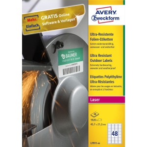 Etykiety polietylenowe ultra resistant Avery Zweckform, A4, 40 ark./op., 45,7 x 21,2mm, białe