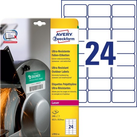 Etykiety polietylenowe ultra resistant Avery Zweckform, A4, 10 ark./op., 63,5 x 33,9mm, białe