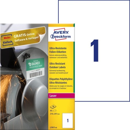 Etykiety polietylenowe ultra resistant Avery Zweckform, A4, 40 ark./op., 210 x 297 mm, białe