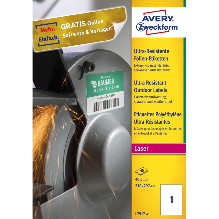 Etykiety polietylenowe ultra resistant Avery Zweckform, A4, 40 ark./op., 210 x 297 mm, białe