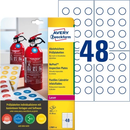 Tabliczki inspekcyjne NoPeel Ø20mm 480 szt. Avery Zweckform L7801-10