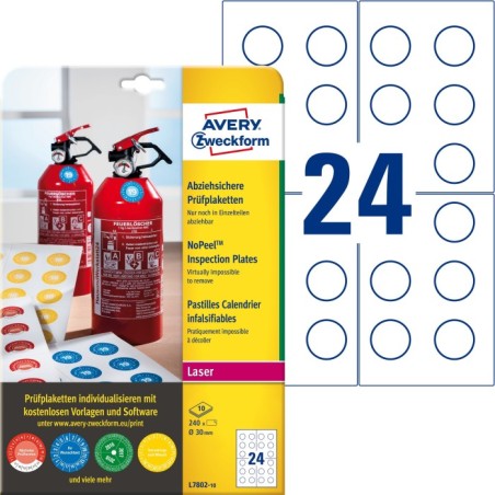 Tabliczki inspekcyjne NoPeel Ø30mm 240 szt. etykiety avery L7802-10