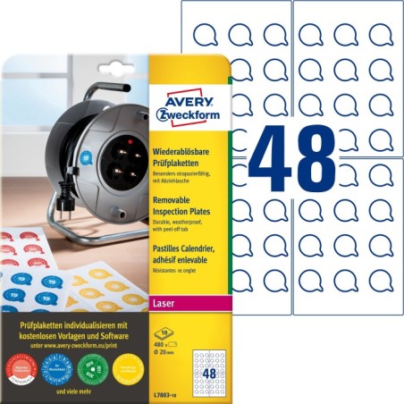 Usuwalne tabliczki inspekcyjne Ø20mm 480 szt. Avery Zweckform L7803-10