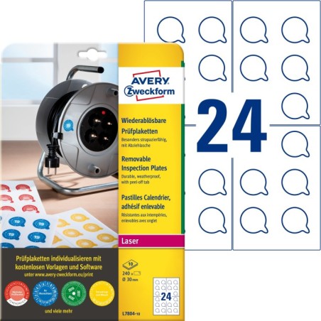Usuwalne tabliczki inspekcyjne Ø30mm 240 szt. etykiety Avery L7804-10