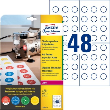 Tabliczki inspekcyjne plomby Avery Zweckform, A4, 10 ark./op., 480 et./op., Ø20mm, białe