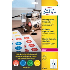 Tabliczki inspekcyjne plomby Avery Zweckform, A4, 10 ark./op., 480 et./op., Ø20mm, białe
