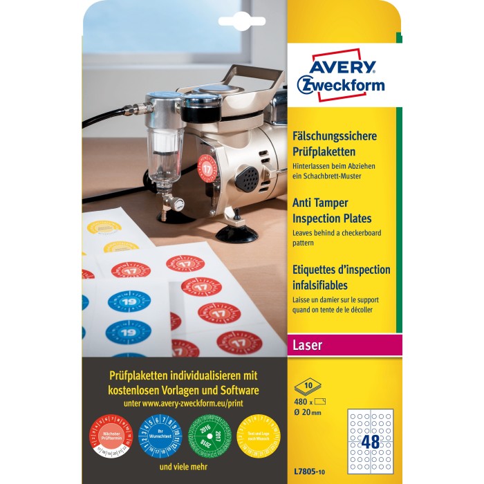 Tabliczki inspekcyjne plomby Avery Zweckform, A4, 10 ark./op., 480 et./op., Ø20mm, białe