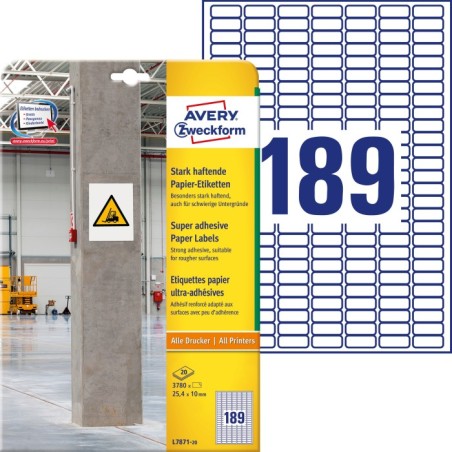Etykiety papierowe do trudnych powierzchni Avery Zweckform, A4, 20 ark./op., 25,4 x 10 mm, białe