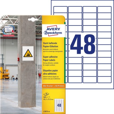Etykiety papierowe do trudnych powierzchni Avery Zweckform, A4, 20 ark./op., 45,7 x 21,2mm, białe