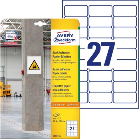 Etykiety papierowe do trudnych powierzchni Avery Zweckform, A4, 20 ark./op., 63,5 x 29,6 mm, białe
