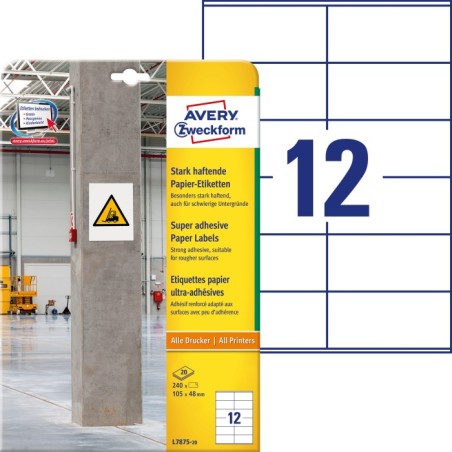 Etykiety papierowe do trudnych powierzchni Avery Zweckform, A4, 20 ark./op., 105 x 48 mm, białe