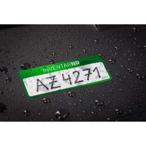 Srebrne, poliestrowe tabliczki inwentaryzacyjne do opisu ręcznego Avery Zweckform, 50 x 20mm, zielone ramki, 1 pole na tekst