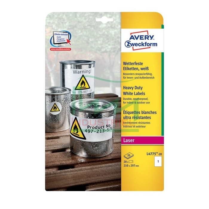 Etykiety poliestrowe Laser Avery Zweckform L4775-20 białe 210x297mm 20 etykiet