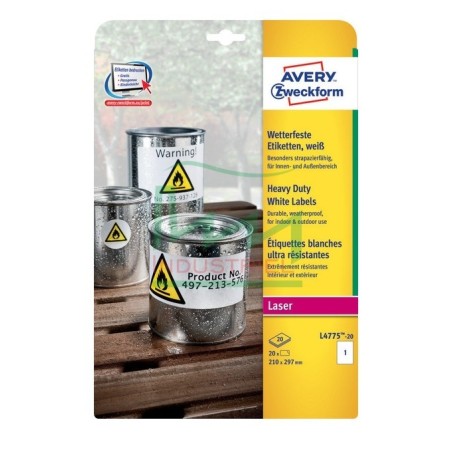Etykiety poliestrowe Laser Avery Zweckform L4775-20 białe 210x297mm 20 etykiet