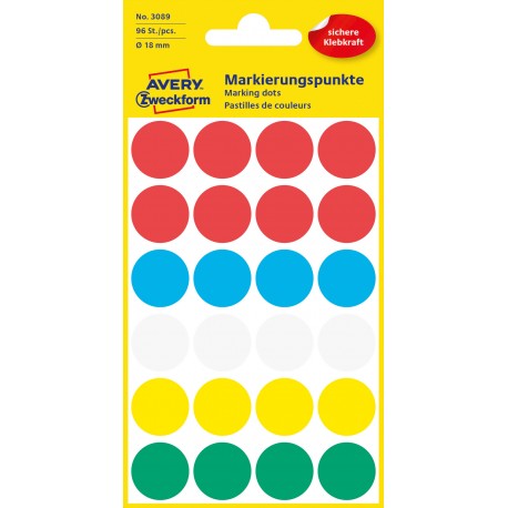 Kolorowe kółka do zaznaczania Avery Zweckform, 96 etyk./op., Ø18 mm, mix kolorów