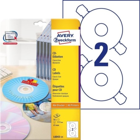 Etykiety na płyty CD/DVD Avery Zweckform, L6043-25 Classic Size, 50 naklejek
