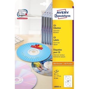 Etykiety na płyty CD/DVD Avery Zweckform, L6043-25 Classic Size, 50 naklejek