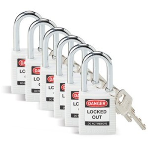 Kłódka lockout BRADY 813638, biała, ze stalowym kabłąkiem 38mm