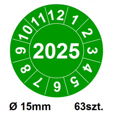 Naklejki przeglądów TYP-2, Ø 15mm, rok "2025", wybór koloru, arkusz 63szt.