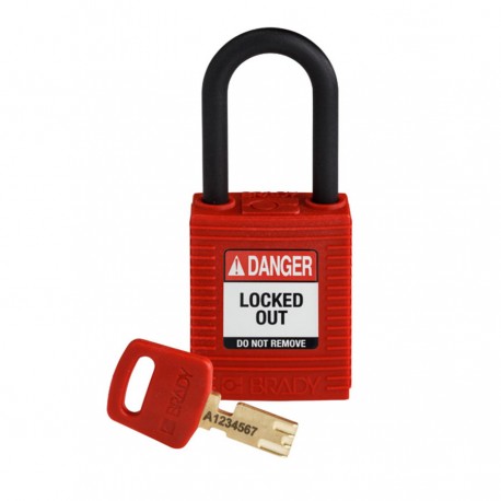 Kłódka Brady SafeKey Lockout, czerwona, z nylonowym kabłąkiem 38mm, różne klucze