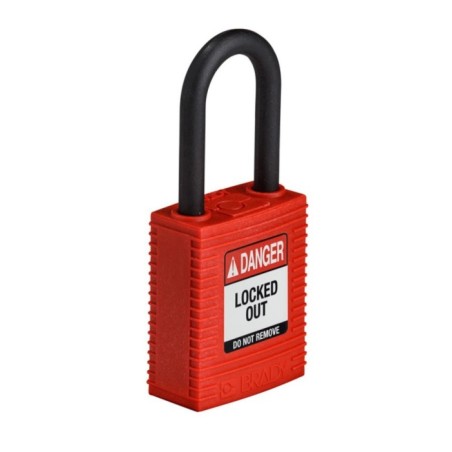 Kłódka Brady SafeKey Lockout, czerwona, z nylonowym kabłąkiem 38mm, różne klucze