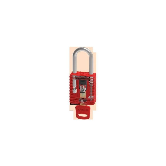 Kłódka Brady SafeKey Lockout, czerwona, z nylonowym kabłąkiem 38mm, różne klucze