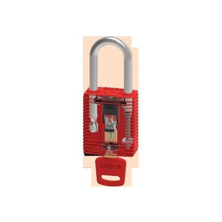 Kłódka Brady SafeKey Lockout, czerwona, z nylonowym kabłąkiem 38mm, różne klucze